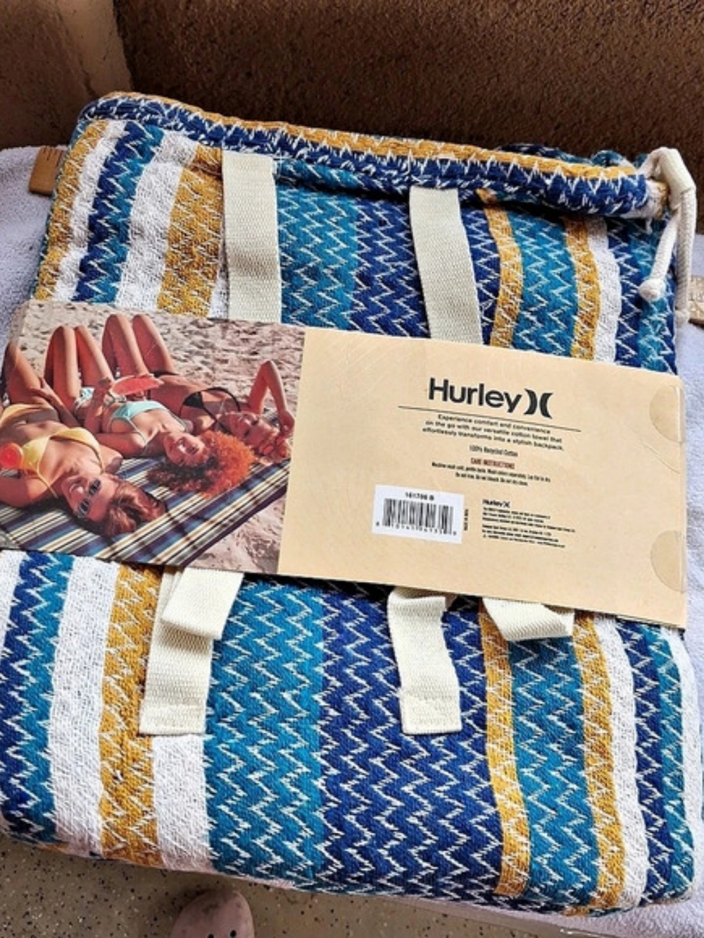 Hurley Packable Towel Backpack Striped Blue & White NWT - Picture 2 of 6
